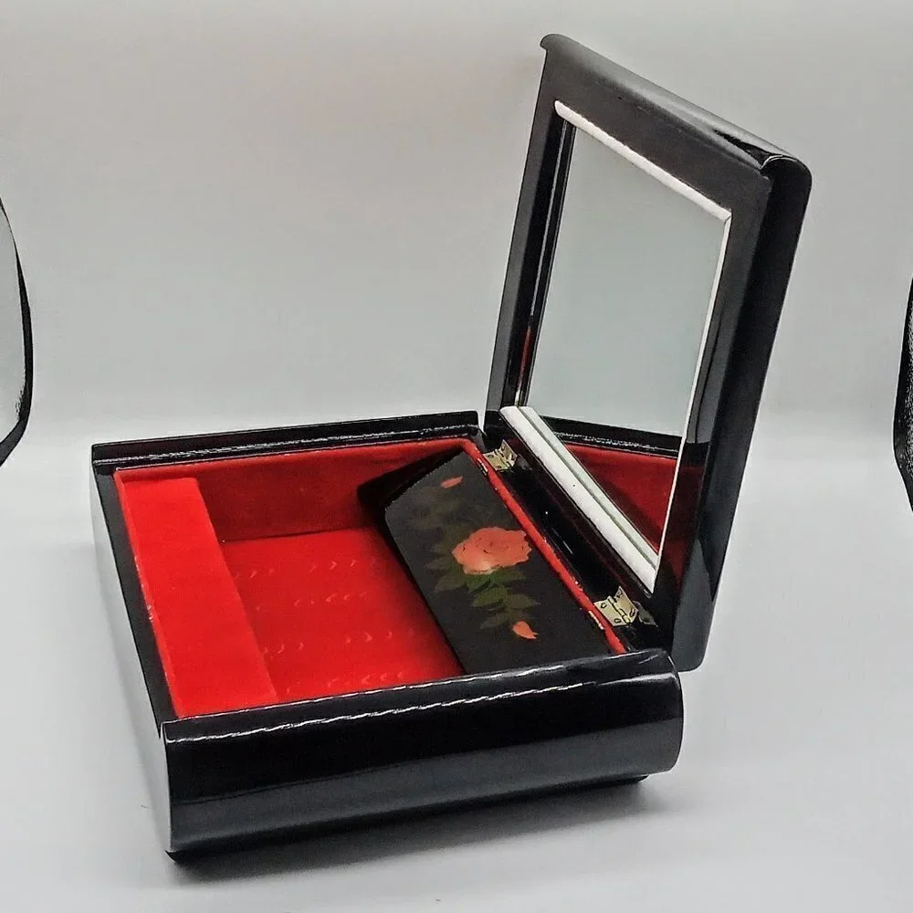 Black Lacquer Mother-of-Pearl Inlay Rolled Edge Jewelry Box